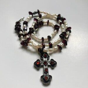 Garnet & Pearls Necklace with Cross Pendant